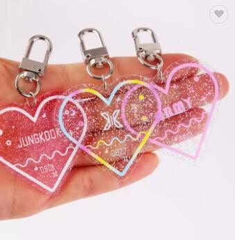 Custom Pink Plastic Glitter Acrylic Heart Shape Keychain With Key Ring Logo Printing Key Tag / 2