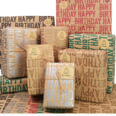 Package Tissue Paper Happy Birthday Recycled Brown Kraft Folded Paper Roll Printed Custom Gift Wrapp