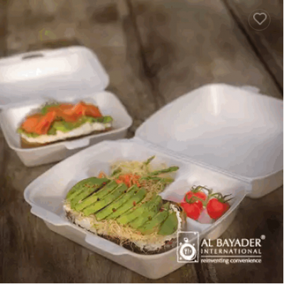 Al Bayader Foam Container With Hinged Lid, Carryout Food Disposable Snack Containers