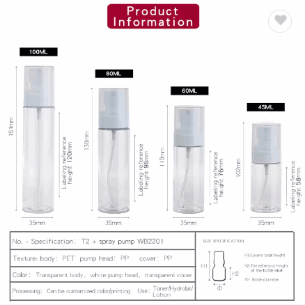 45ML 60ML 80ML100ML Transparent Plastic Lotion Pump Bottle with Spray Bottle and Pump Bottle / 6