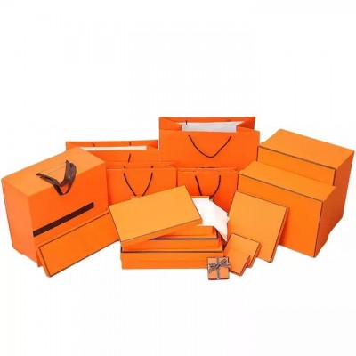 Classic Brand Orange Gift Paper Box Luxury High Quality Set Square Bronzing Bow Lid Jewellery Shoe C