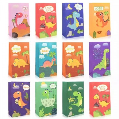 Cartoon Dinosaur Gift Bag With Stickers Kraft Paper Cookie Candy Packaging Bag Jungle Dinosaur Birth