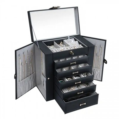 Custom Large Leather Case Luxury Jewelry Organizer Jewelry Box With Mirror Drawers For Necklace Brac