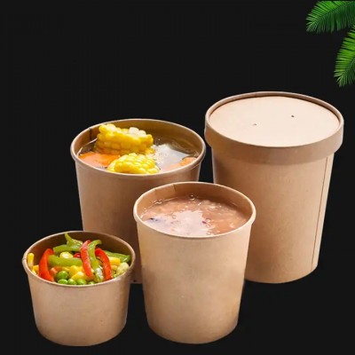Chinese Factory Disposable kraft paper soup salad bowl cups 16 oz with paper lid