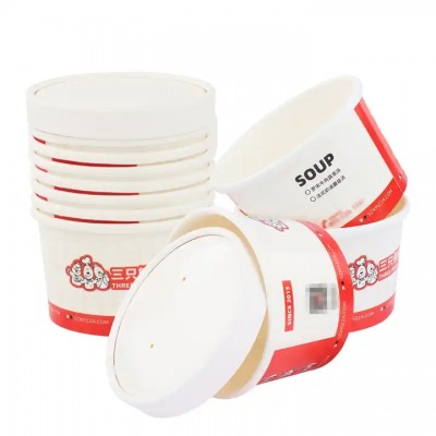 Disposable Biodegradable White Kraft Paper Food Container Noodle Cup Hot Soup Take Away Bowls With L