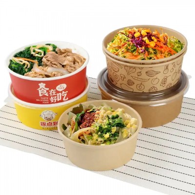 Disposable Wholesale Custom Print Logo White Kraft Paper Salad Fast Food Takeaway Bowl Packaging Con
